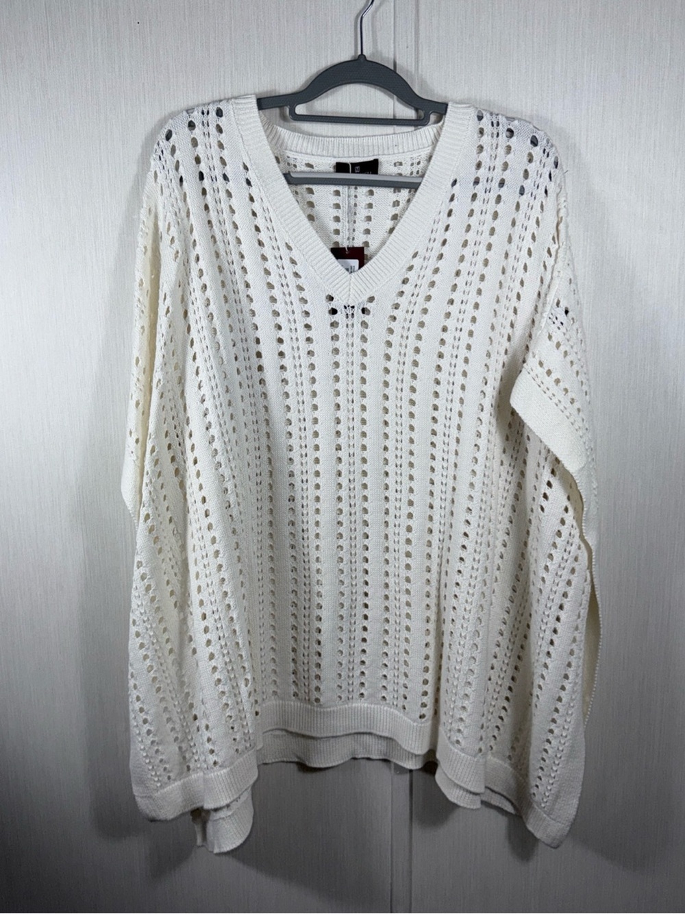 Bruno Magli Cream Eyelet Open-Knit V-Neck Sweater Poncho